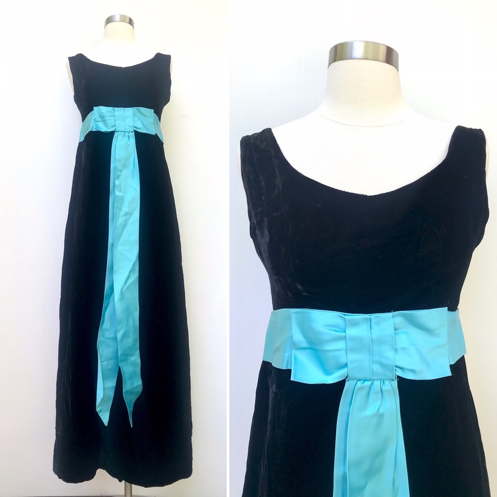 Vintage 60’s black velvet blue ribbon bow belt maxi dress evening formal gown